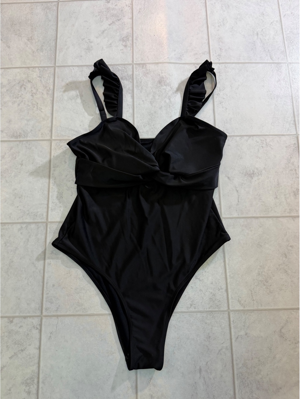 Black One-Piece Swimsuit with Ruffled Straps